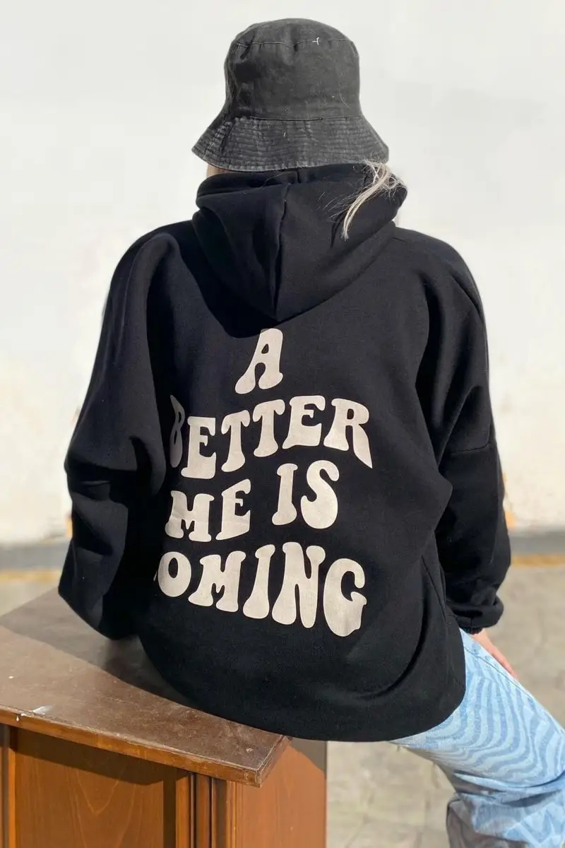 

Black Hooded A Better Front And Back Printed Intra- Cotton Women Sweatshirts
