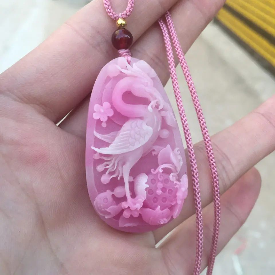 

Peach Blossom Jade Opal Super Fairy Palace Style Crane Necklace Ladies Fashion Pendant Jewelry