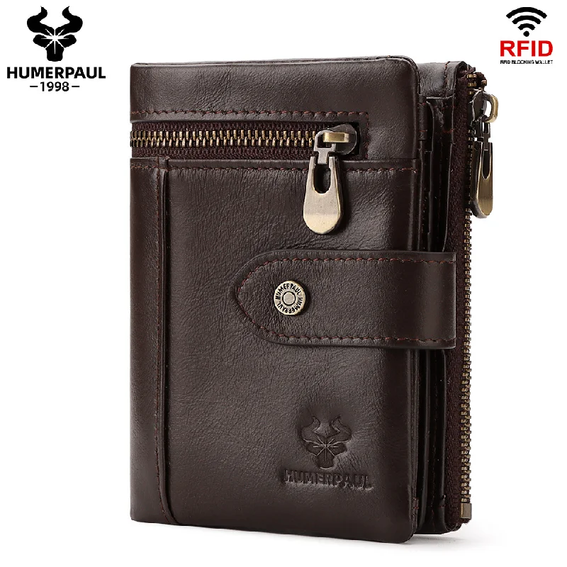 

HUMERPAUL Men's Wallet RFID Antimagnetic Cowhide Zipper Snap Closure Multi Card Coin Purse Short Genuine Leather Wallet Men BP87