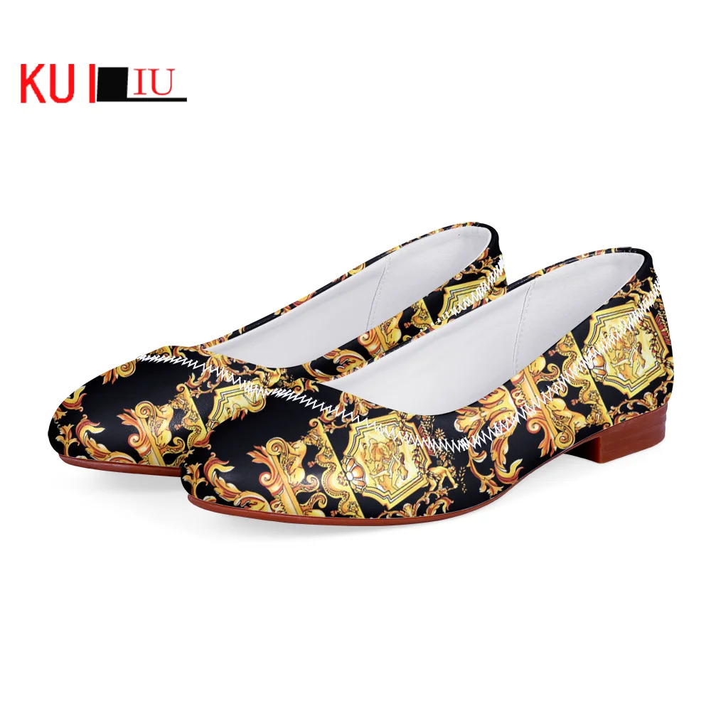 

KUILIU модные роскошные женские туфли из искусственной кожи в европейском стиле с золотыми цветами в стиле ретро весенние лоферы с круглым нос...