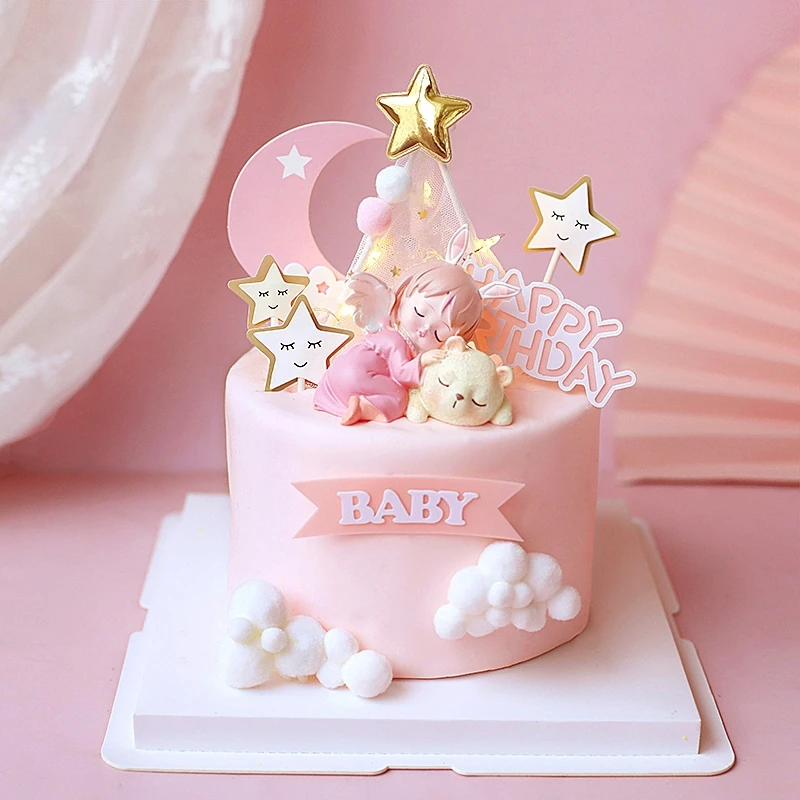 

Pink Sleepy Girl with Angel Wing Moon Star Girl's Happy Birthday Cake Topper Kid Party Supplies for Children's Day