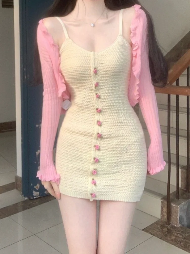 

QWEEK Knitted Knit Slip Dress Women Fairy Sweet Y2k Sexy Kawaii Cute Mini Short Dresses Party 2023 Autumn Winter Flower Button