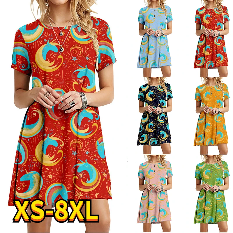 

2022 Summer Elegant Women's Abstract Rainbow Printed Painting Dress Round Neck Loosen Female Dress New Design Blue Red Purple