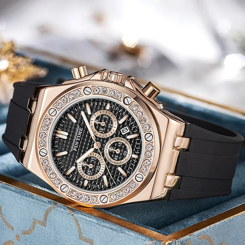Luxury Men Women Watch Chronograph Sports Military Rubber Band Diamond Stone Iced Bezel Male Female Quartz Wristwatch Clock enlarge