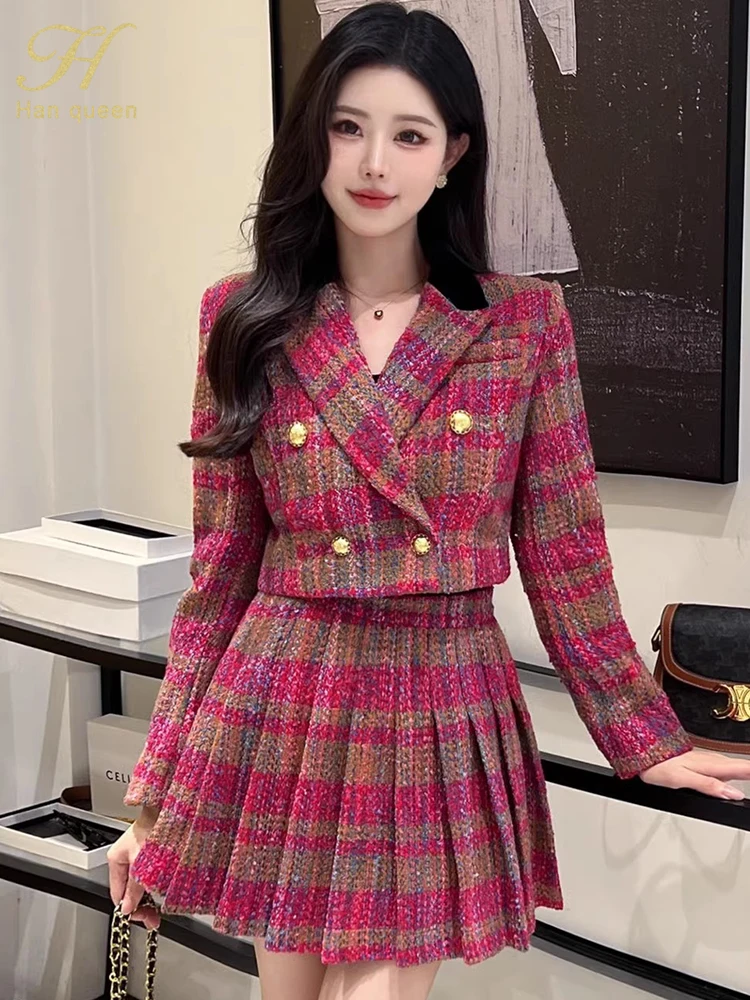 

H Han Queen 2023 Winter Elegant Tweed 2 Pieces Set Women Short Jacket+ Pleated Skirts Korean Casual Simple Office Skirts Suits