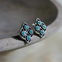 vintage silver color round green stone stud earrings for women fashion metal carving flower earrings