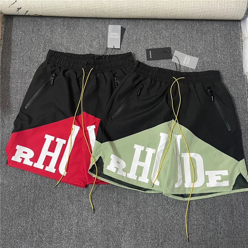 

Rhude Shorts Big Letter Logo Print Men Women 1:1 High Quality Drawstring Pill Zipper Beach Shorts European Code Mesh Breeches