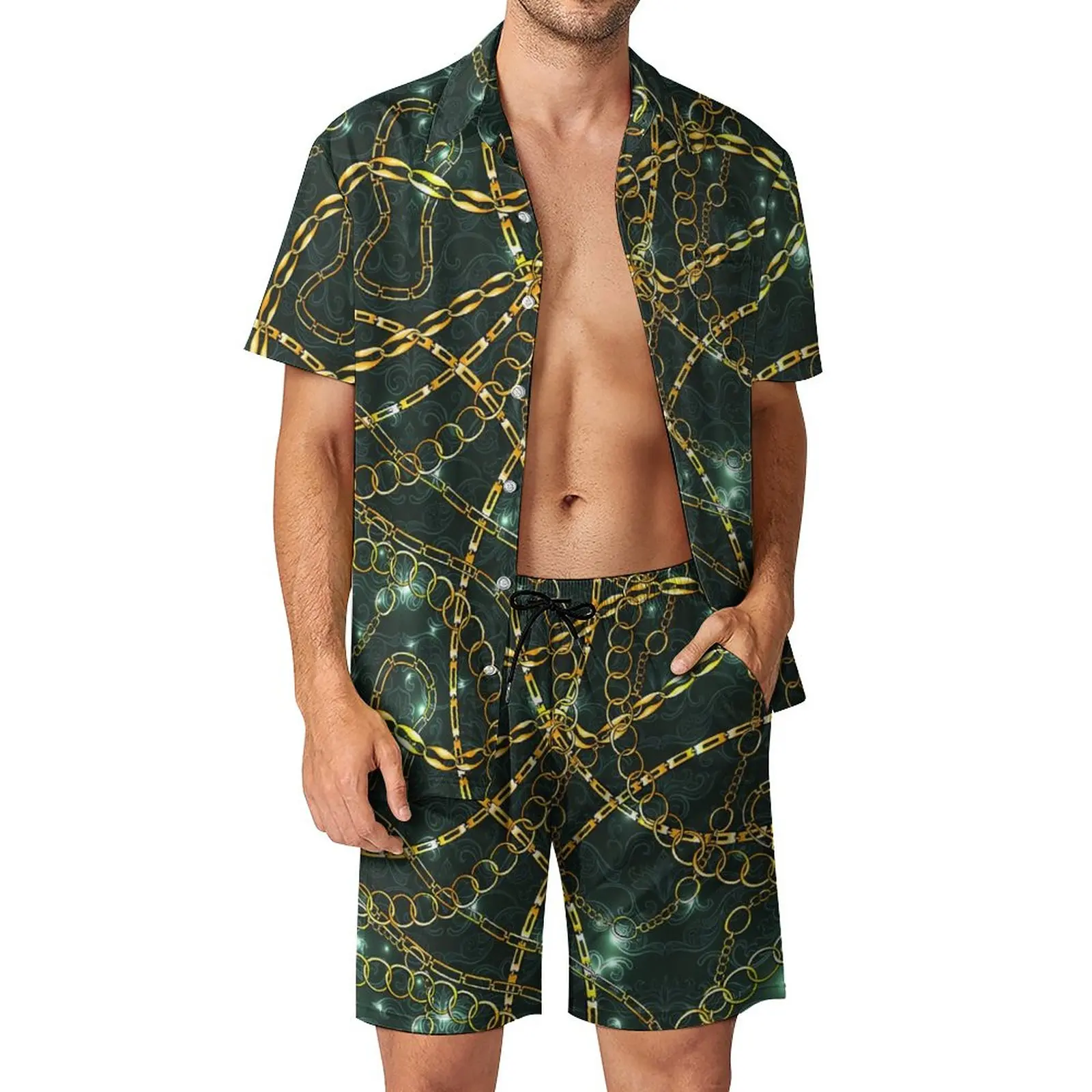

Chain Print Men Sets Vintage Damask Cool Casual Shirt Set Short Sleeve Custom Shorts Summer Fitness Outdoor Suit Big Size 3XL