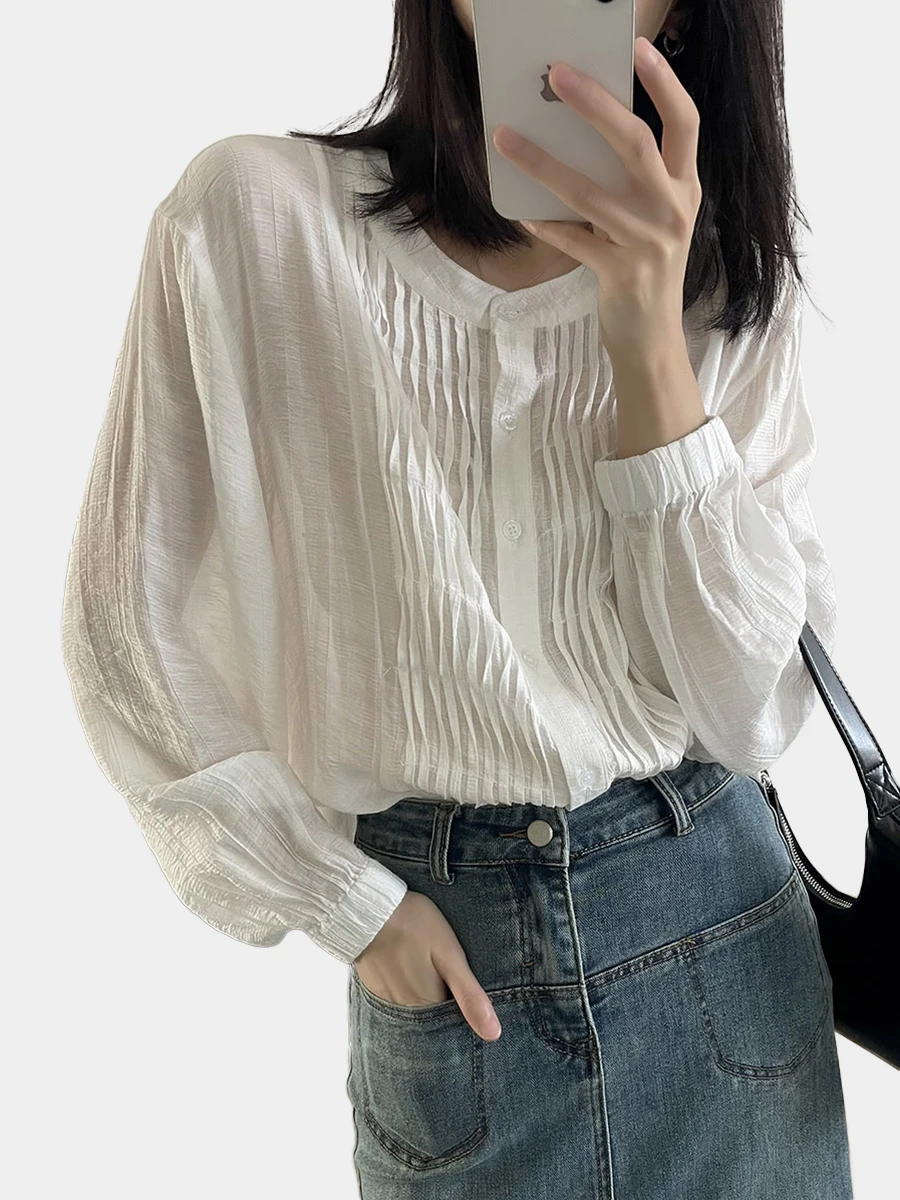

EMBELLIKE Loose Light Weight Semi Sheer Long Sleeve Button Up Pleated Shirt Women White Blouse