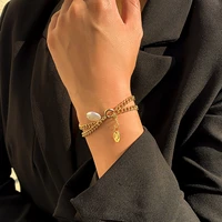 boho imitation pearl round engraving pendant bracelet women retro creative fashion gold metal bracelets girls charm jewelry