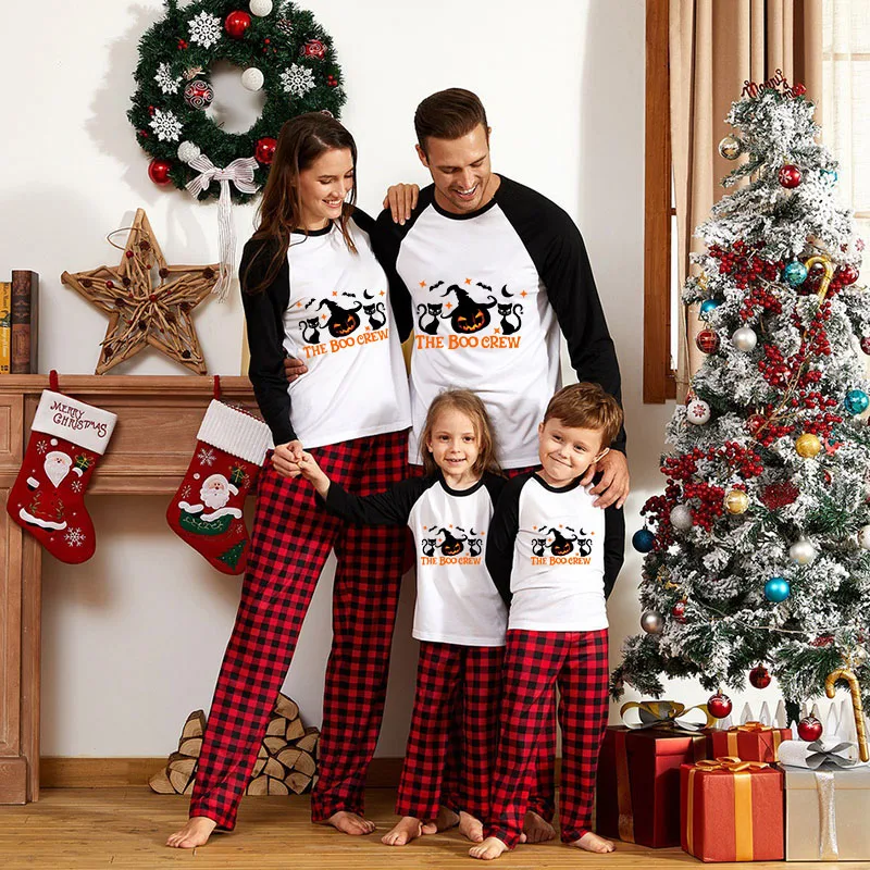 

Halloween Family Matching Pajamas Boo Crew Witch Pumpkin Happy Halloween Black Red Plaids Pajamas Set