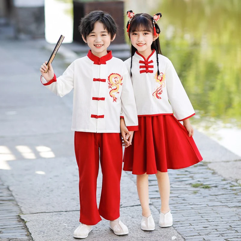 Китайская вышивка Hanfu Dragon хлопковый традиционный костюм Тан для мальчиков и