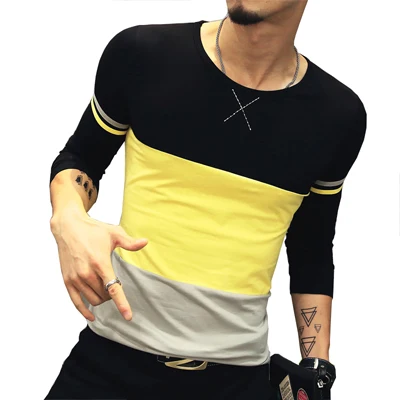 

2021 New Fashion Brand Spring Men's T-shirt O-neck Patchwork Men's Long-sleeved T-shirt