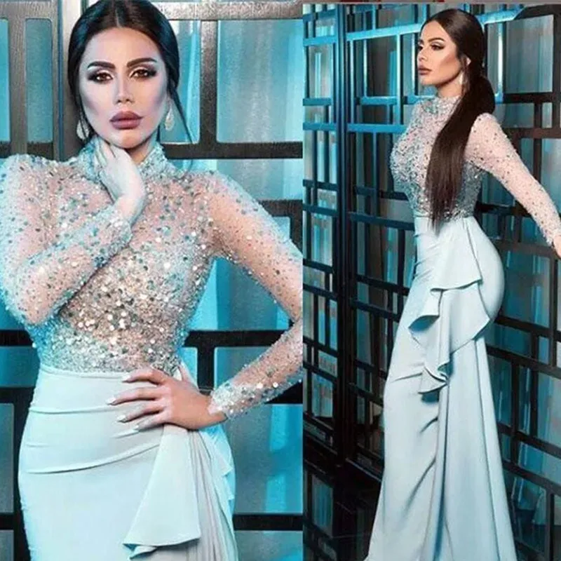 

2022 Elegant Mother Of The Bride Dresses Dubai Bodycon High Neck Long Sleeve Womens Evening Wear Blue With Rouching Side Skirt