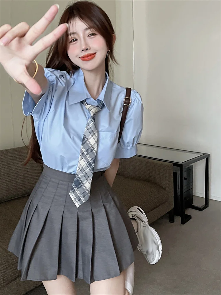 

Nicemix женский костюм 2022SS Новая модная синяя рубашка + плиссированная юбка с высокой талией игривая Одежда для девочек живые летние костюмы из...