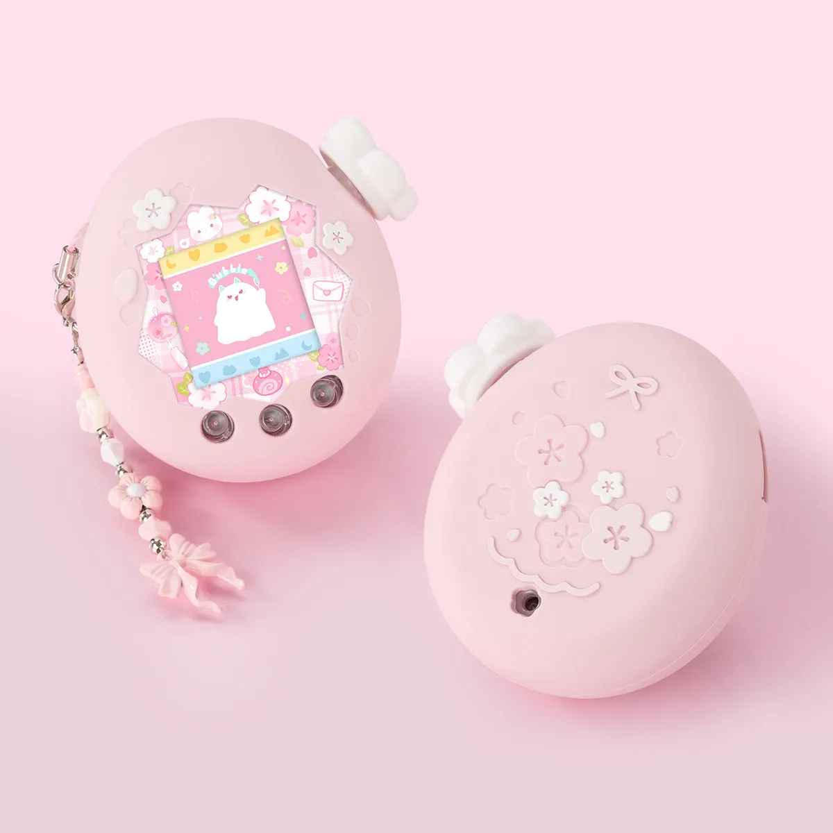Фото BUBBLELOGUS Защитный силиконовый чехол для Tamagotchi Paradise Pink SAKURA с наклейкой, накладкой на кнопки и подвеской, мягкий чехол №4
