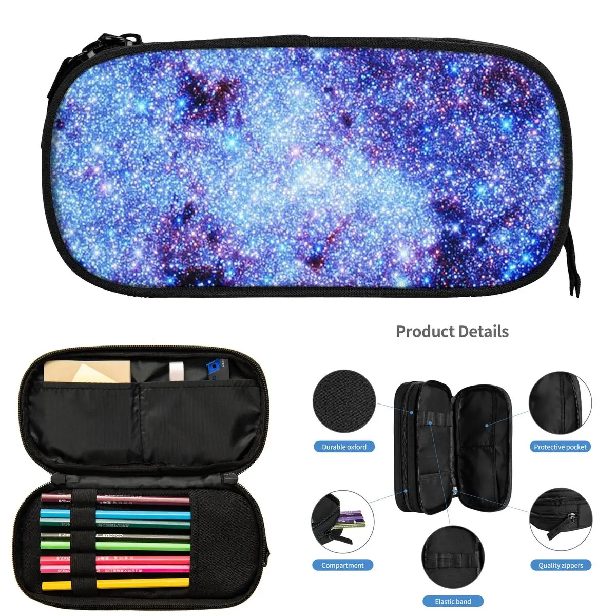 Фото Пеналы Galaxy Sparkle Stars Periwinkle Blue для школьников, вместительные пеналы-косметички для ручек и карандашей №3