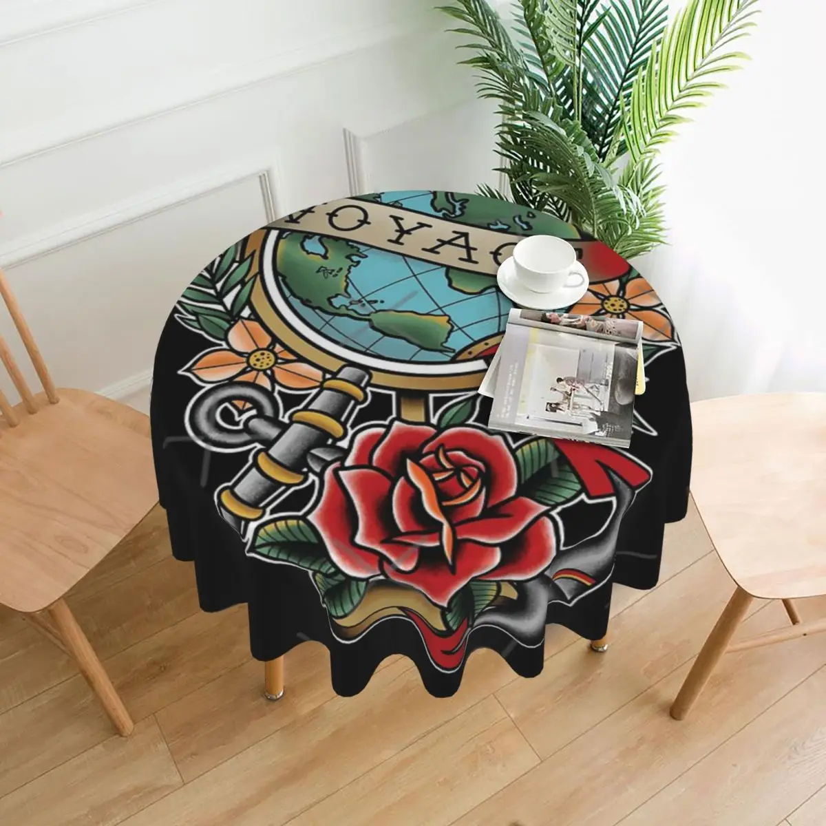 

Voyage Globe Traditional Tattoo Tablecloth 60in Round 152cm Waterproof Protecting Table Festive Decor