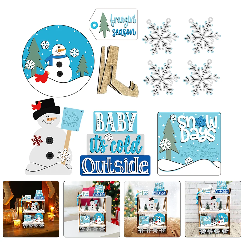 

Christmas Table Sign Decor Xmas Tray Wooden Tiered Winter Snowflake Wood Signs Decorations Farmhouse Tabletop Snowmen