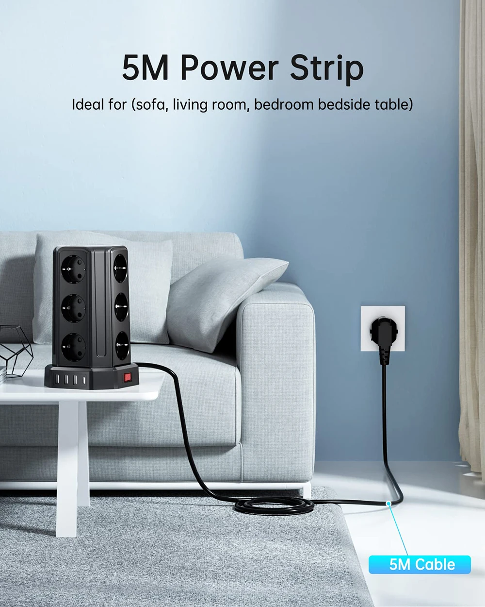 Фото Многосетевой удлинитель Sameriver с европейской вилкой и 12 розетками, 3 USB-порта A + 1 USB C, защита от перенапряжения для дома и офиса, удлинитель 5 м №4
