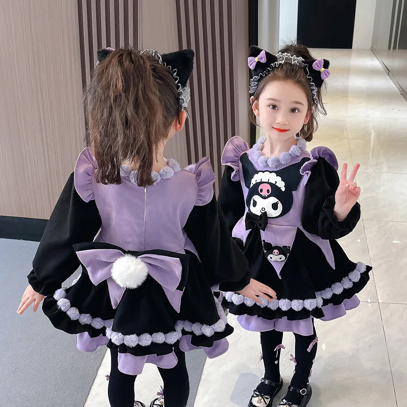 

Sanrios Kuromi Anime Kawaii Autumn and Winter Girls Plush Cartoon Princess Dress Temperament Children Dress Christmas Gifts