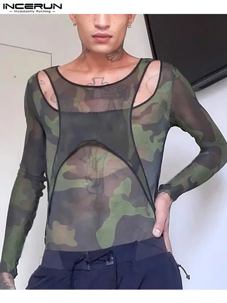 

American Syle Men Fashionable Fake Two-piece Camo Camiseta INCERUN Tops 2022 Party Male Printed Long-sleeved Thin T-shirts S-5XL