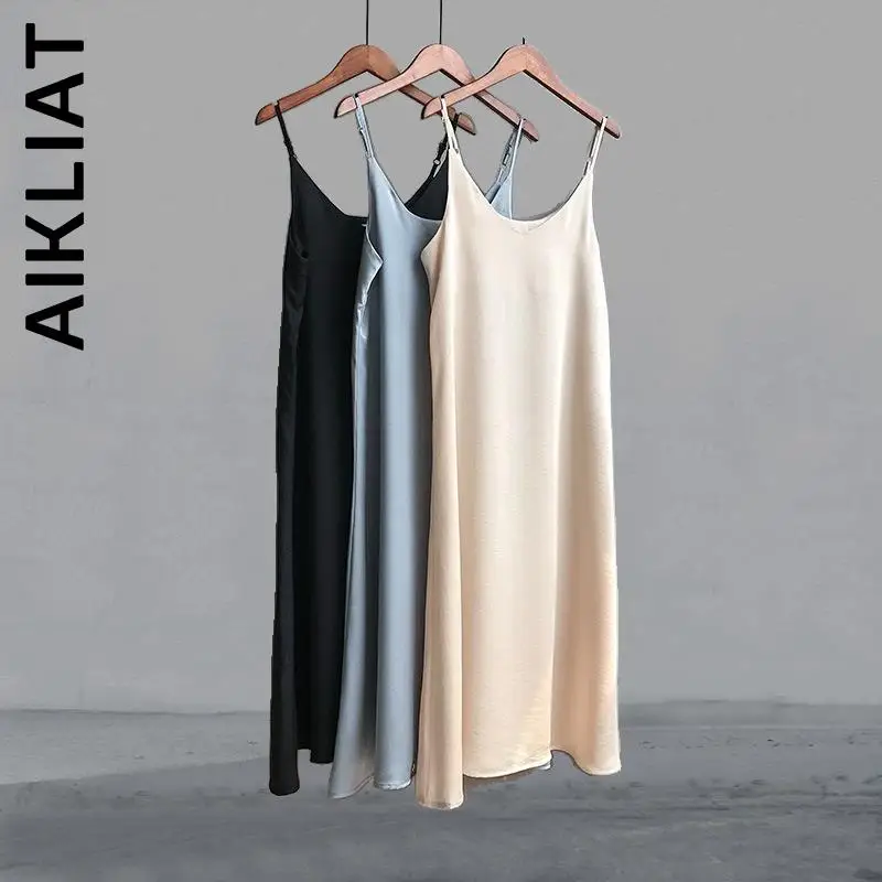 

Aikliat New Dress Women v-neck camis sexy dress Soft Basic Streetwear All-Match Popular Female Vestidos Dress Woman