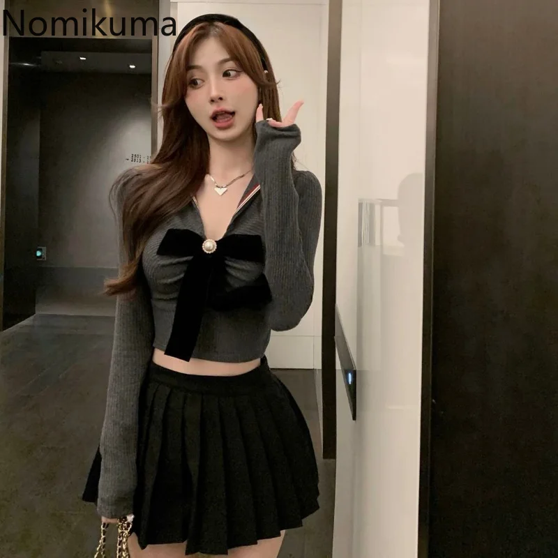 

Nomikuma Long Sleeve Tees Spring Autumn Bowknot Patchwork High Waist Camisetas De Mujer Sexy Elegant Sweet Fashion Crop Tops