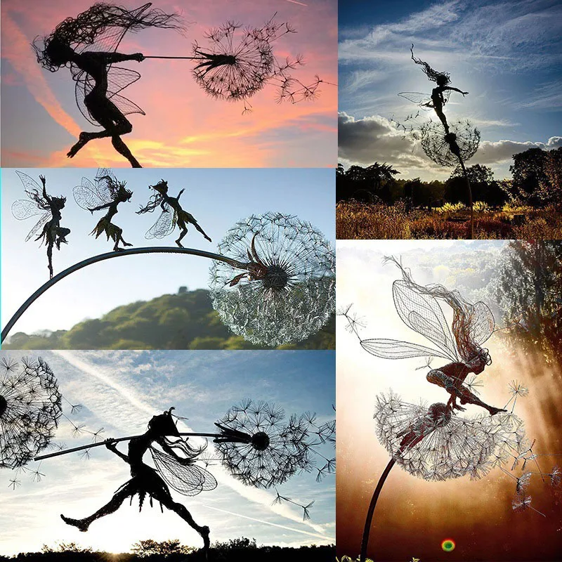 

Garden Decor Lawn Landscape Sculpture Fairy Decoration Stake Dandelions Metal Elf Silhouette Ornament for Yard Sculpture Modern