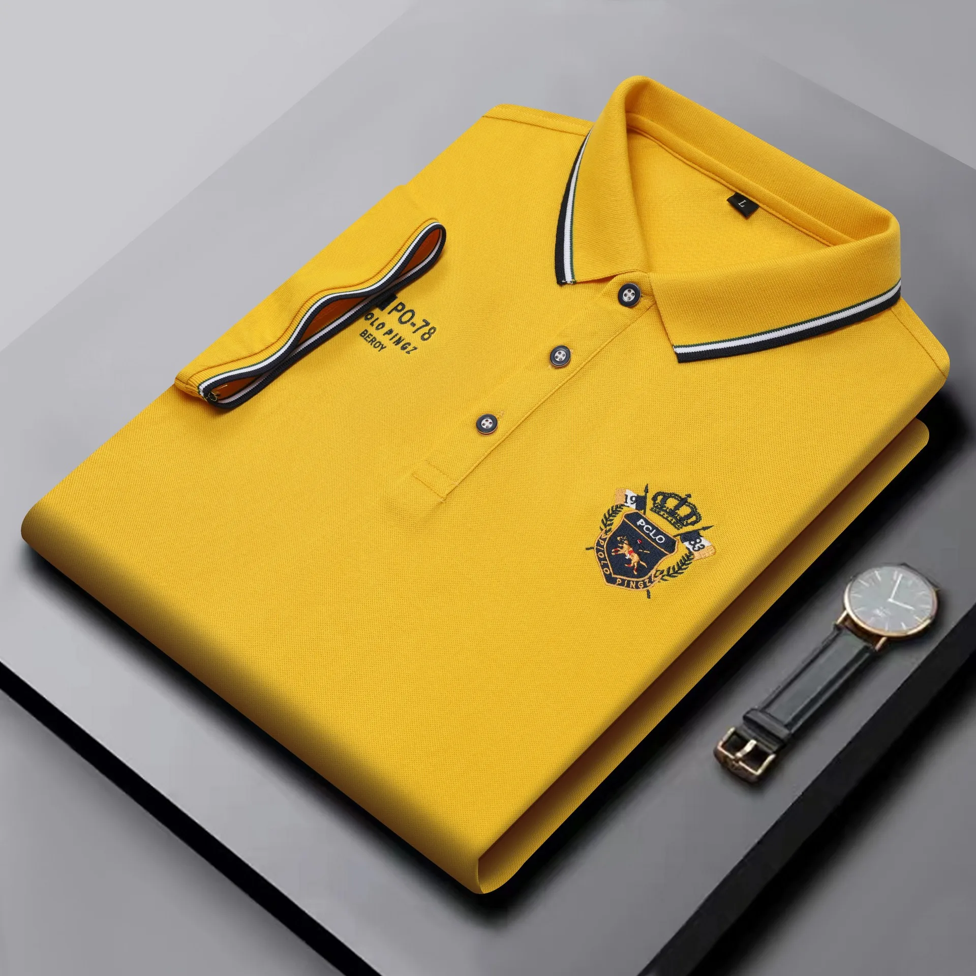 

Summer New Business Casual Polo Shirts Men Short Sleeve Cotton Fashion Soild Tops Men Polos Embroidery Yellow Men Clothing