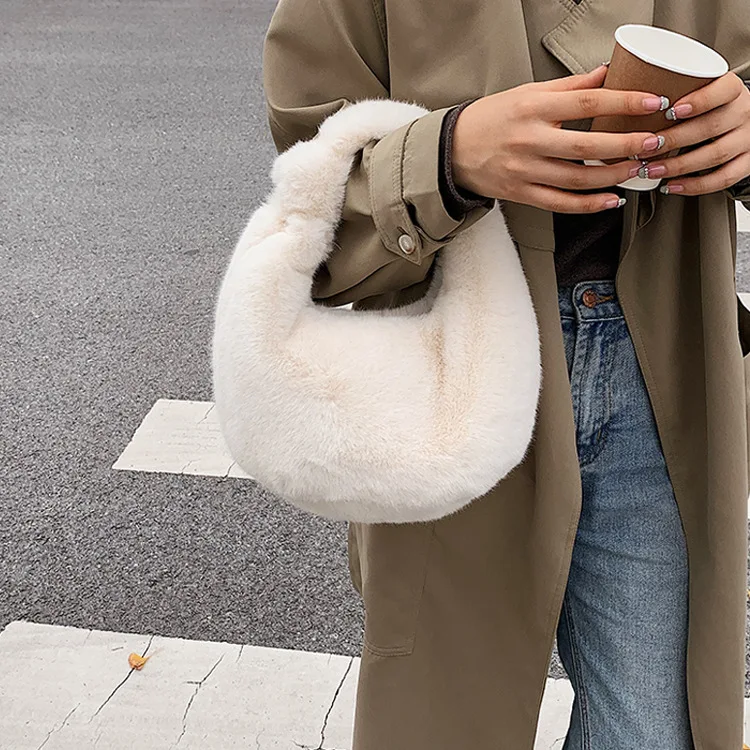 

Faux Fur Solid Color Women's Small Hobo Bag Winter Soft Plush Handbag Fashion Furry Short Handle Clutch Fluffy Warm Underarm Bag