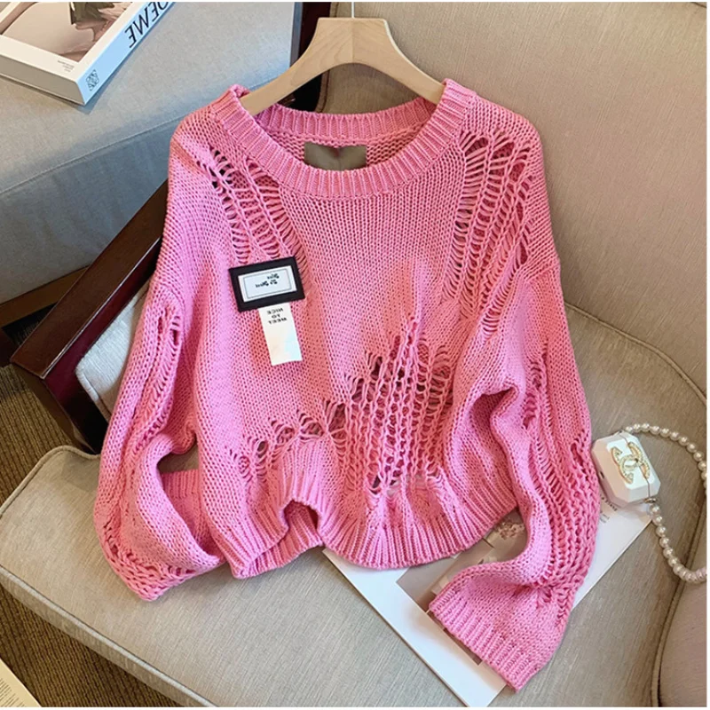 

Deeptown Y2k Cropped Pink Ripped Sweater Women Vintage Net Knit Jumper Kpop Hollow Out Knitwear Korean Fashion Pullover Harajuku