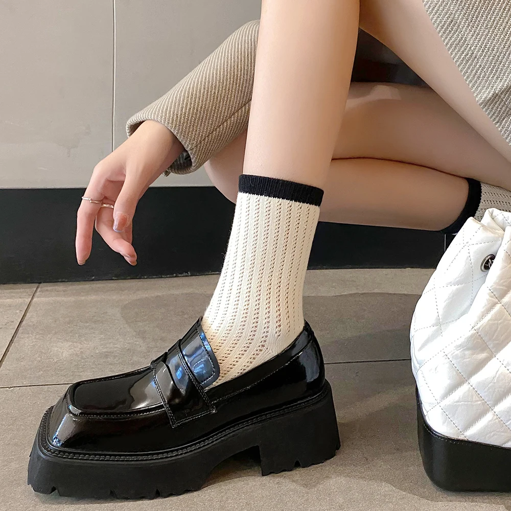 Kanseet Women Platform Shoes Spring 2023 Square Toe Genuine Leather High Quality Causal Loafers Silver Thick Heels Lady Footwear