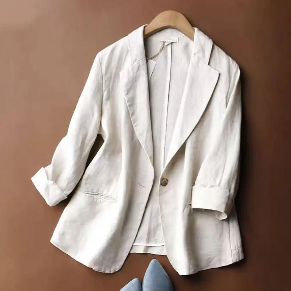

Summer Thin Women Suit Coat Solid Color Turn-down Collar Three Quarter Sleeves Pockets Formal Lady Blazer Jackets Female Clothes