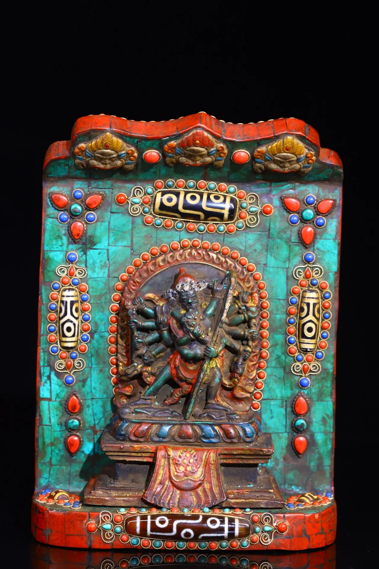 

9"Tibetan Temple Collection Old Bronze mosaic Gem gZi Beads turquoise Mahakala Buddhist niche Worship Hall Town house Exorcism