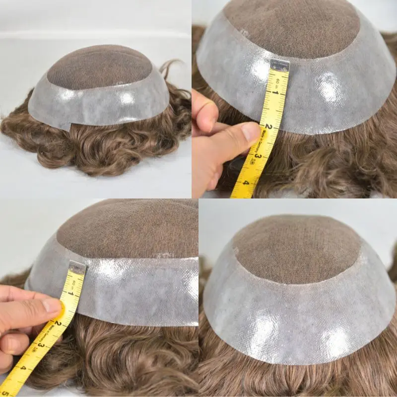 Pwigs Men's Toupee Durable PU Skin Base with Soft Swiss Lace Hairpiece 100% Human Hair for Men 7# Light Brown System