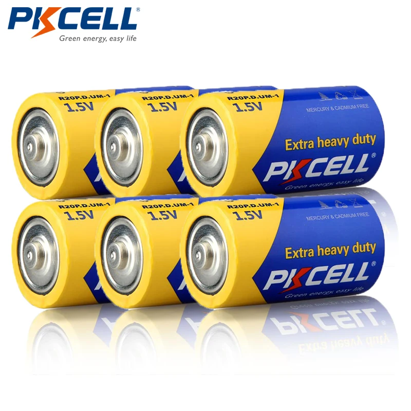

6Pcs PKCELL R20P Super Heavy Duty D Size Batteries 1.5V 13A UM1 MN1300 E95 Carbon Zinc Battery Primary Dry Battery