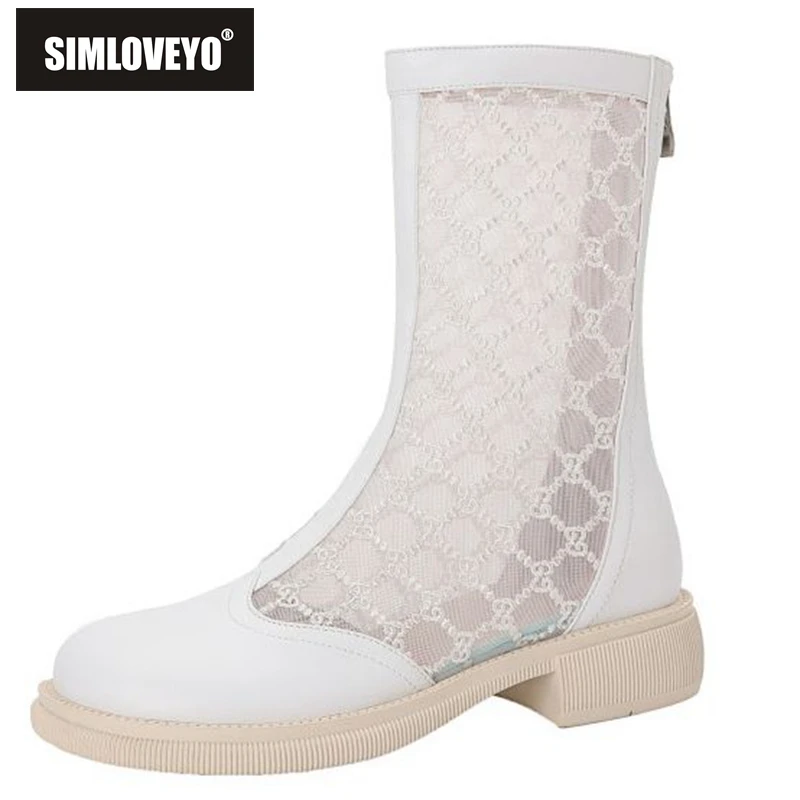 

SIMLOVEYO Summer Boots For Woman Sapatos Femininos Round Toe Mid Heels Breathable Mesh Hollow Splice Zip Beige Fashion Hot S2985