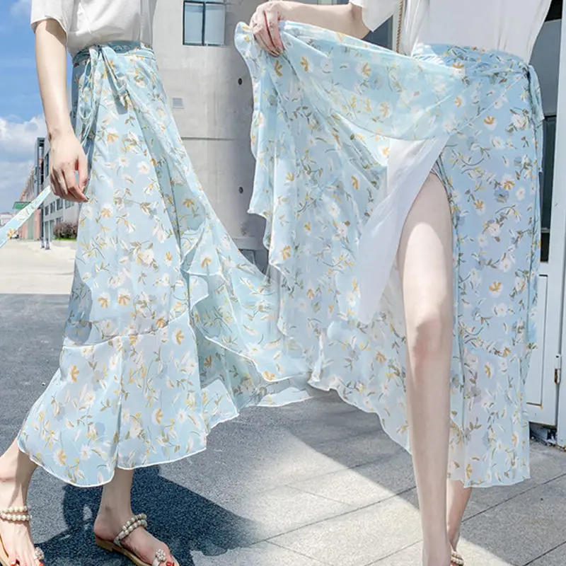

Women 2022 Summer Vintage Floral Print Long Skirt New Female High Waist Knotted Tied Wrap Ruffle Chiffon A Line Split Skirts B67