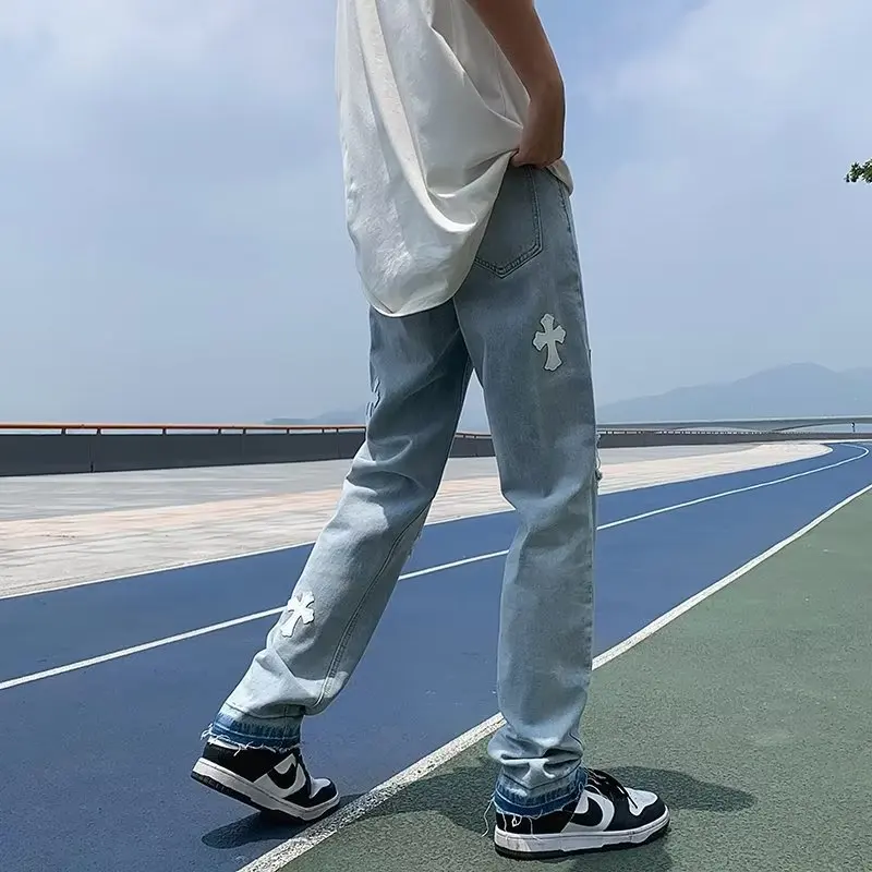 European and American Men's Fashion Trend Ripped Pants Loose Casual Jeans Fashion Cross Stick Straight Wide Leg Pants Streetwear