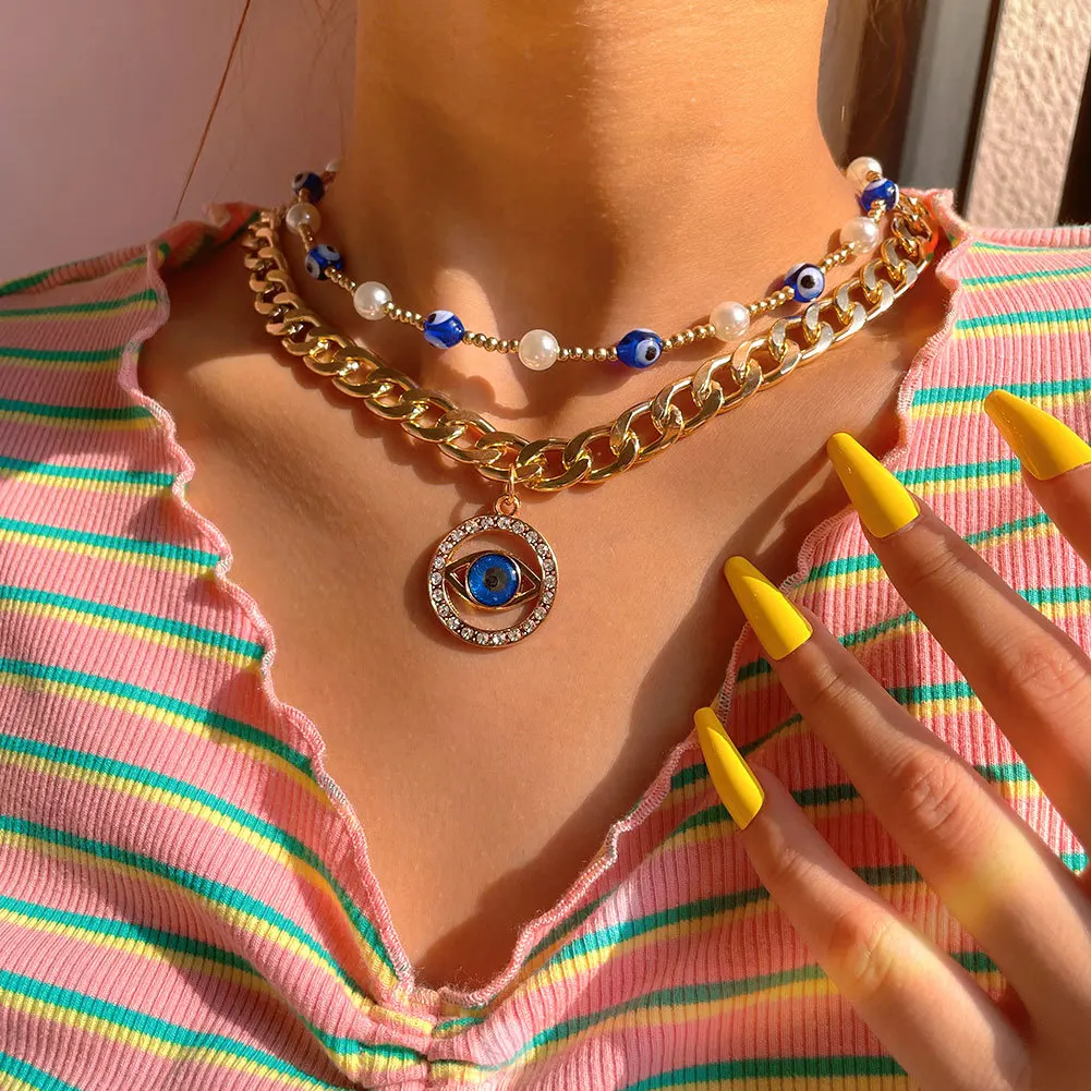 

Vintage Turkish Evil Eye Multilayer Necklaces For Women Boho Devil Pendant Chain Necklace Choker Beads Party Jewelry Girls Gift