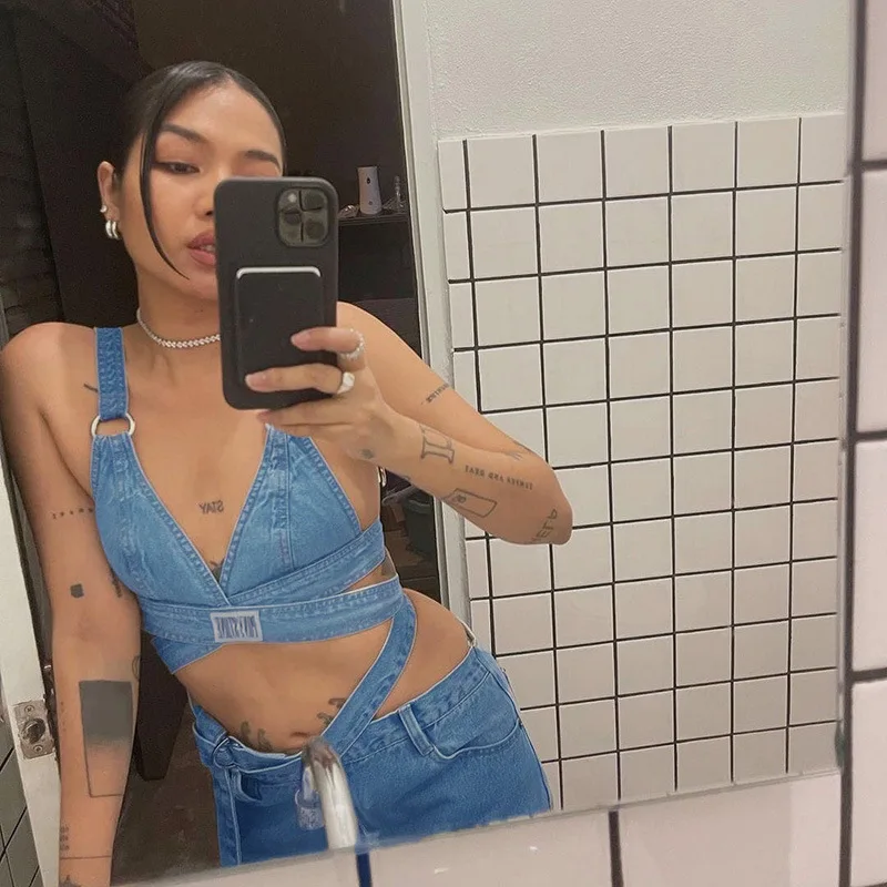 

2022 Summer Fashion New Women's Clothing Sexy Women's Camisole All-match Sexy High Waist Tie Straight Jeans Women