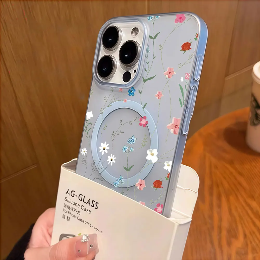 Фото Чехол для телефона MagSafe для iPhone 17, 16, 15, 14, 13, 12 Pro Max, 17 Air, жесткий силиконовый, противоударный, с акварельным рисунком маленьких цветов №4