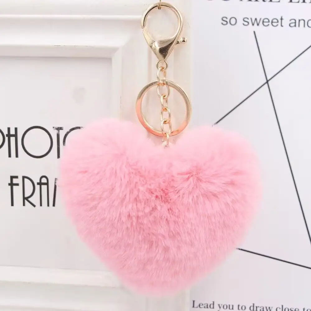 

Lovely Heart Keychains Women's Pom Poms Faux Rex Rabbit Fur Ball Cute Key Chains Girl Bag Hang Car Key Ring Pendant Llavero