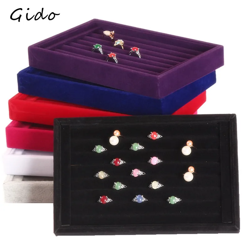 Velvet PU Jewelry Tray Stackable Ring Earring Tray Display Organizer Box Cufflinks Storage Black Grey Jewellery Boxes Ring Ear images - 6