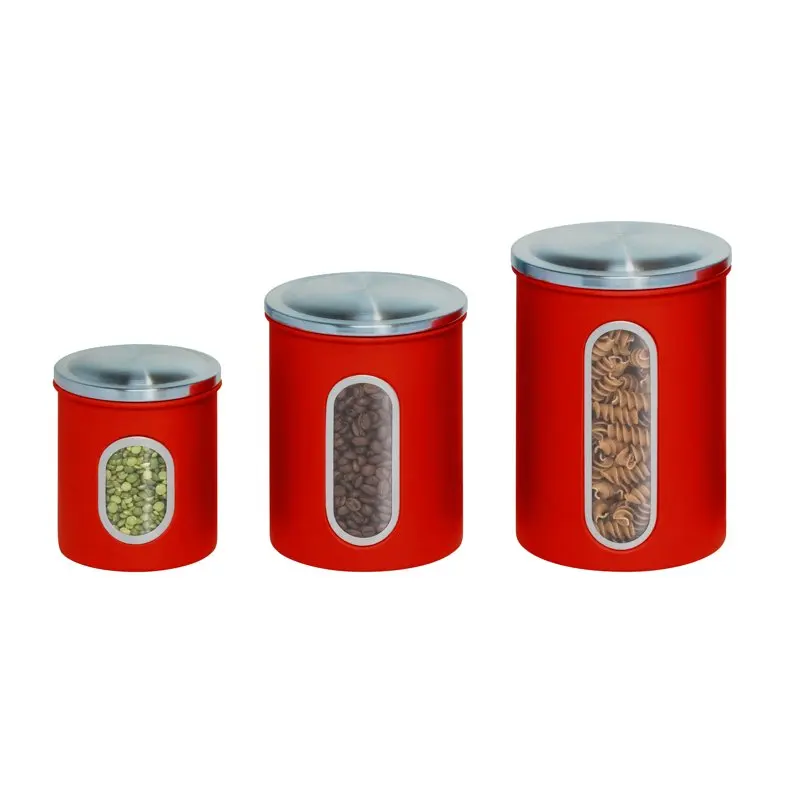 

Lids Stunning Three-Piece Stainless Steel Nesting Kitchen Canister Set with Red Lids, Perfect Organizer & Storage Solution for H