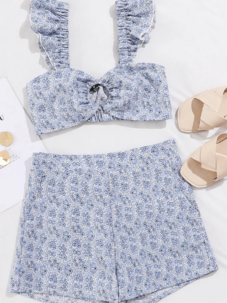 

Летний цветочный милый комплект из двух предметов, женский милый мини-костюм с оборками и воланом, Женский дизайнерский ажурный облегающий ...