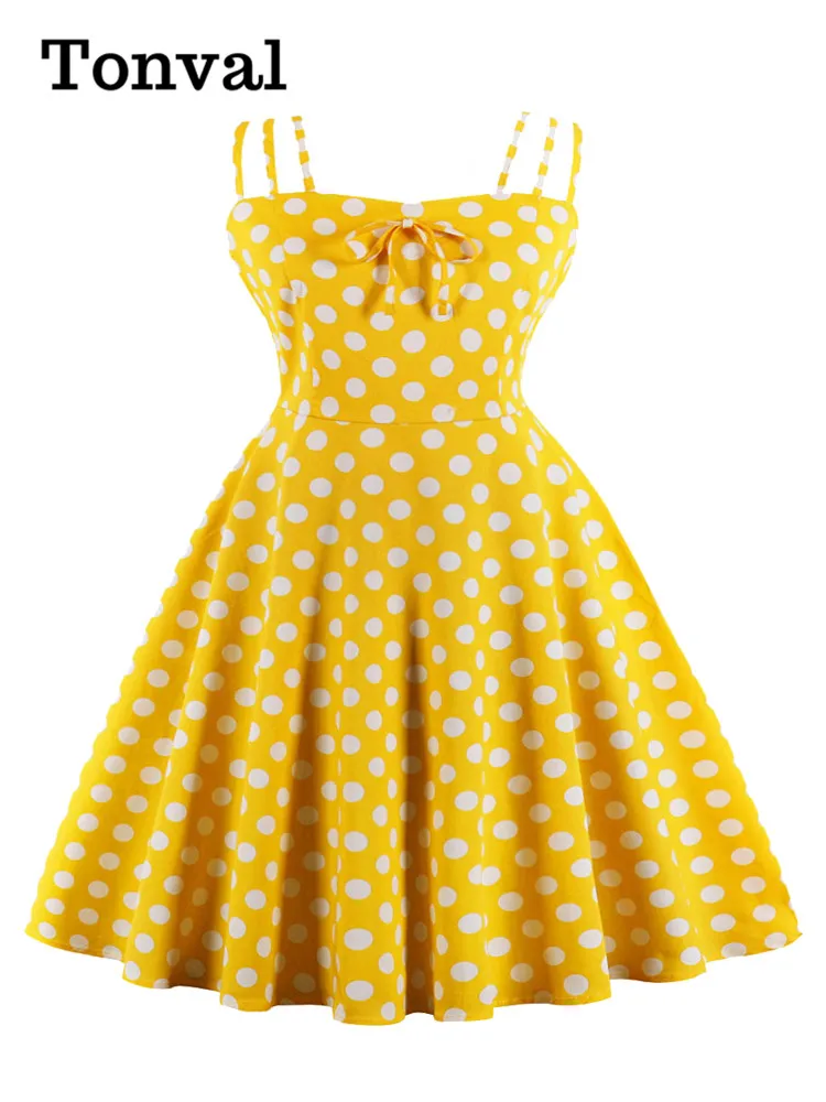

Tonval Women Oversize 4XL Vintage Dress Summer Outfits Shirred Back Polka Dot Print Backless Midi Dresses in Yellow