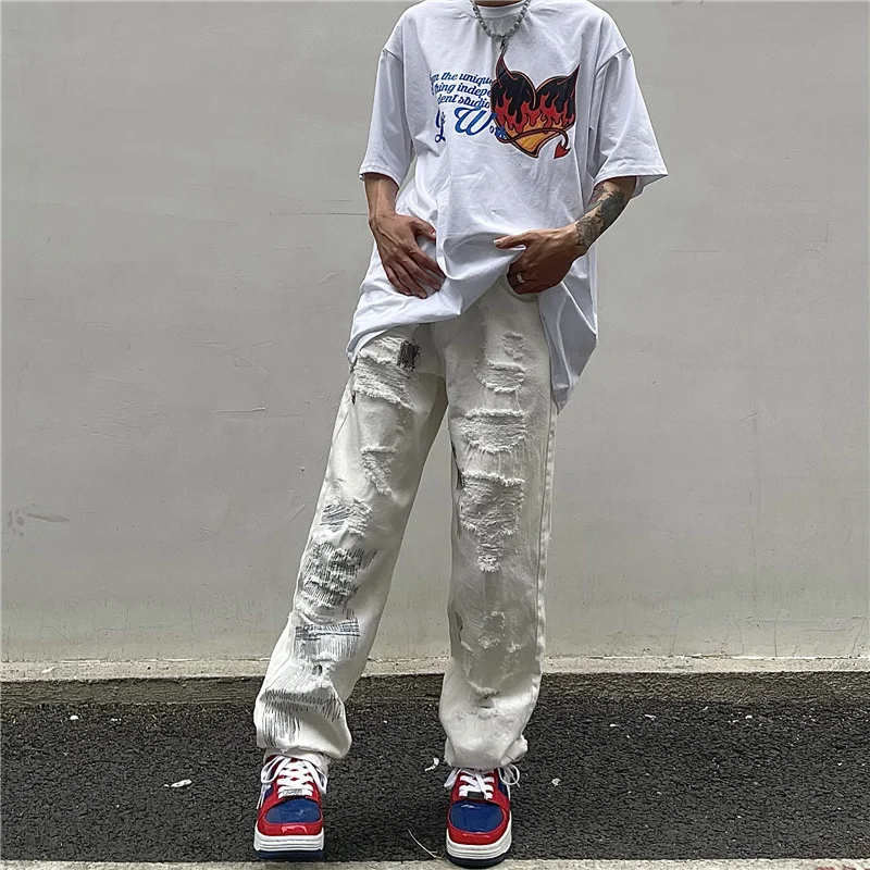 DEEPTOWN Ripped Straight Jeans for Men Hip Hop Straight Denim Pants Hole Fashion Trousers Male Black White Loose Casual Spring