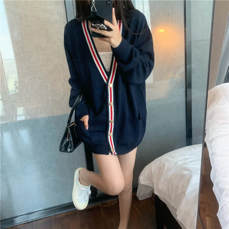 Korean Fashion TB Stripe Knitted Cardigan Women's V-Neck Coat Spring and Autumn Popular Loose Sweater Versatile Top